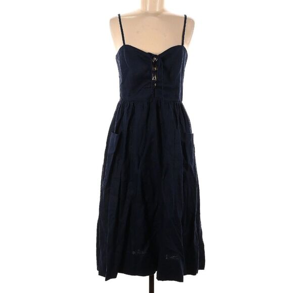 NEW Reformation 100% Linen Ellen Dress Dark Navy Lace Bodice Midi with Pockets - Picture 2 of 9